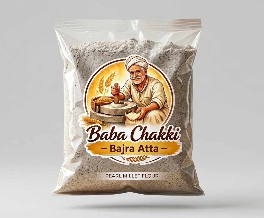 Bag of Baba Chakki Bajra Atta pearl millet flour with packaging design.