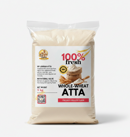 Bag of whole-wheat atta with branding and product details on a white background