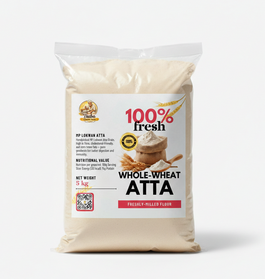 Bag of whole-wheat atta with branding and product details on a white background