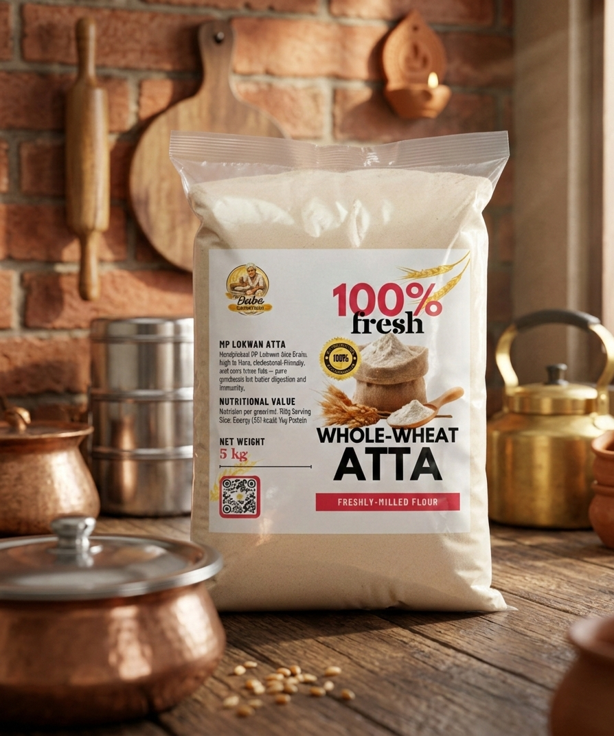 Bag of whole wheat atta with a rustic kitchen background