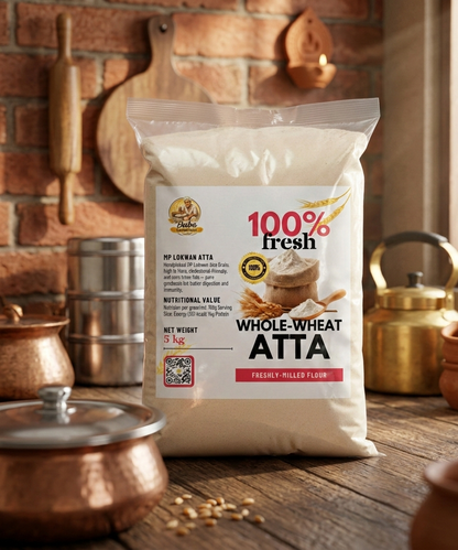 Bag of whole wheat atta with a rustic kitchen background