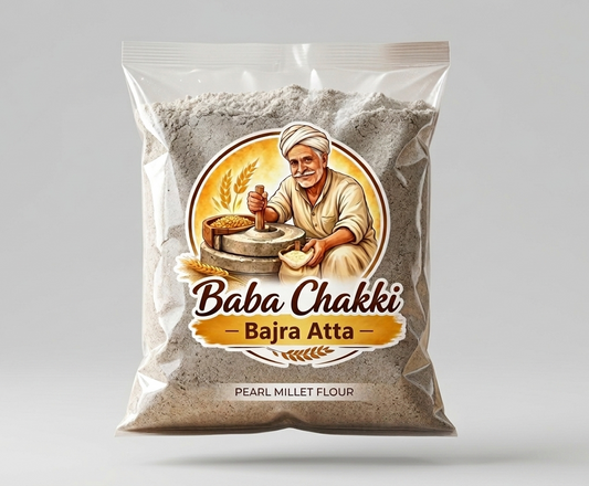 Bag of Baba Chakki Bajra Atta pearl millet flour with packaging design.