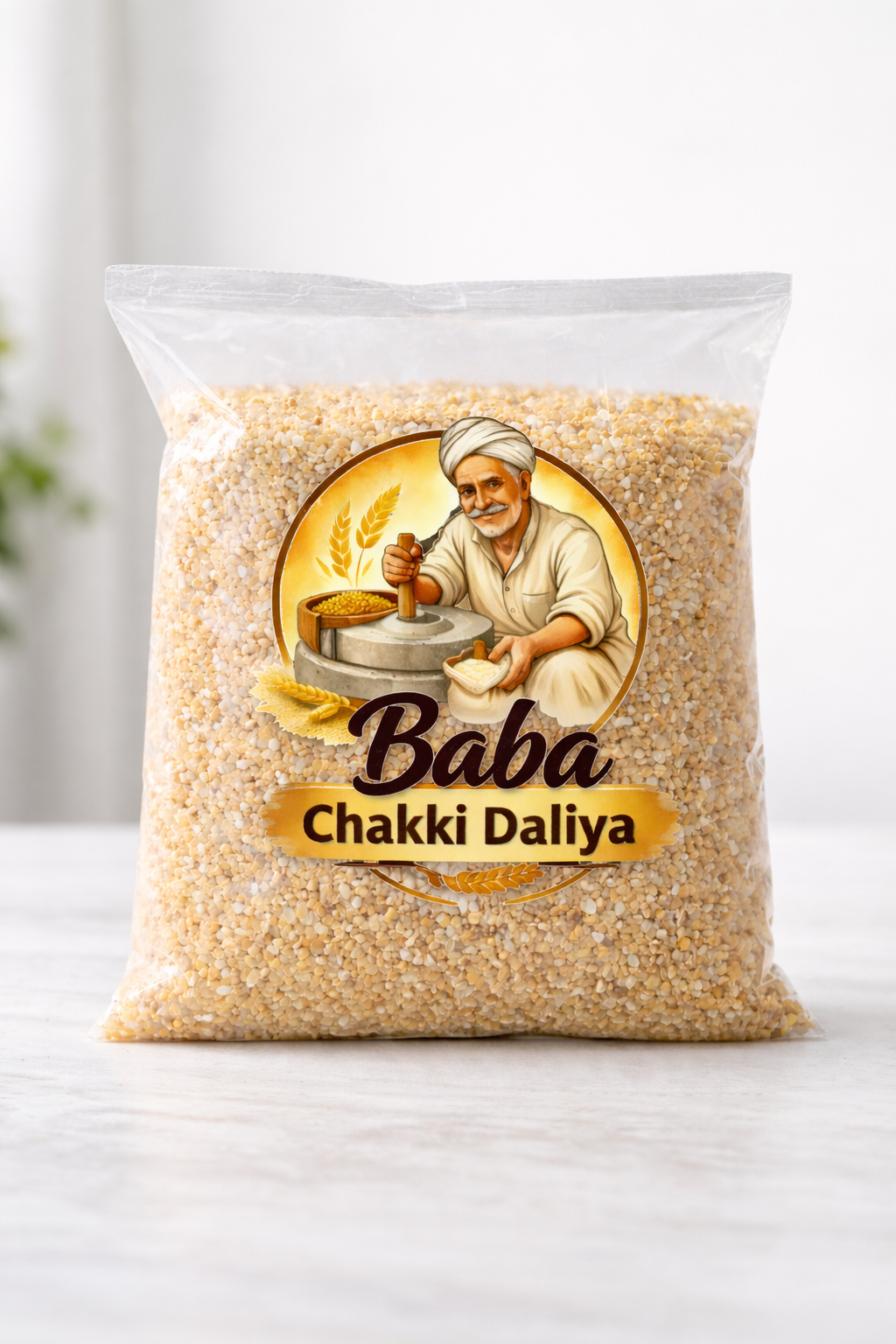 Bag of Baba Chakki Daliya with a label featuring an illustration of a man and text on a white background