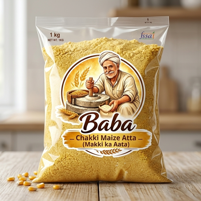 Bag of Baba Chakki Maize Atta with packaging design on a wooden surface