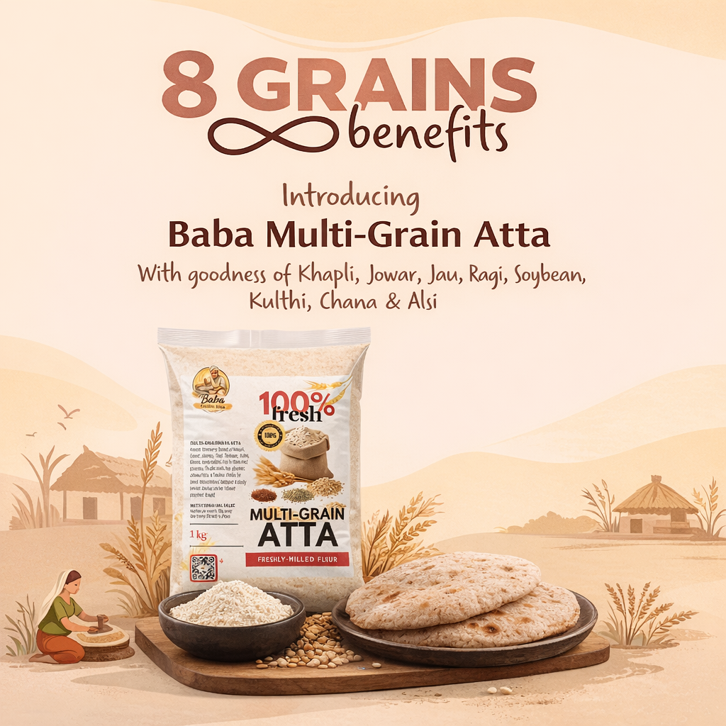 Baba Multi-Grain Atta packaging with bread and grains on a rustic background