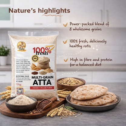 Bag of multi-grain atta with rotis on a wooden board, text highlighting benefits.