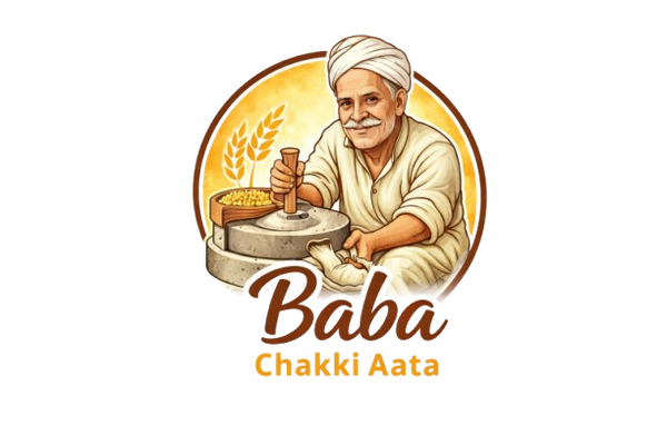 Logo of Baba Chakki Aata with an illustration of a man using a traditional millstone.