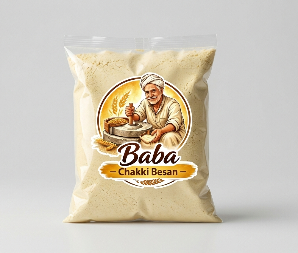 Bag of Baba Chakki Besan with branding on a gray background