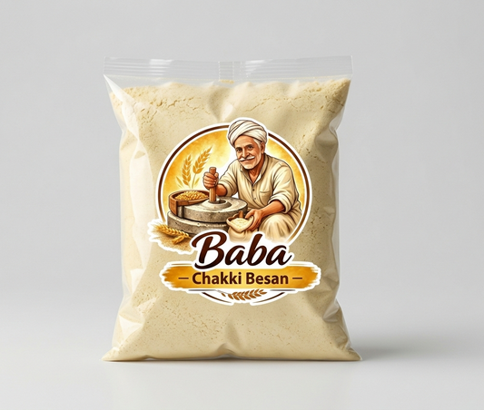 Bag of Baba Chakki Besan with branding on a gray background