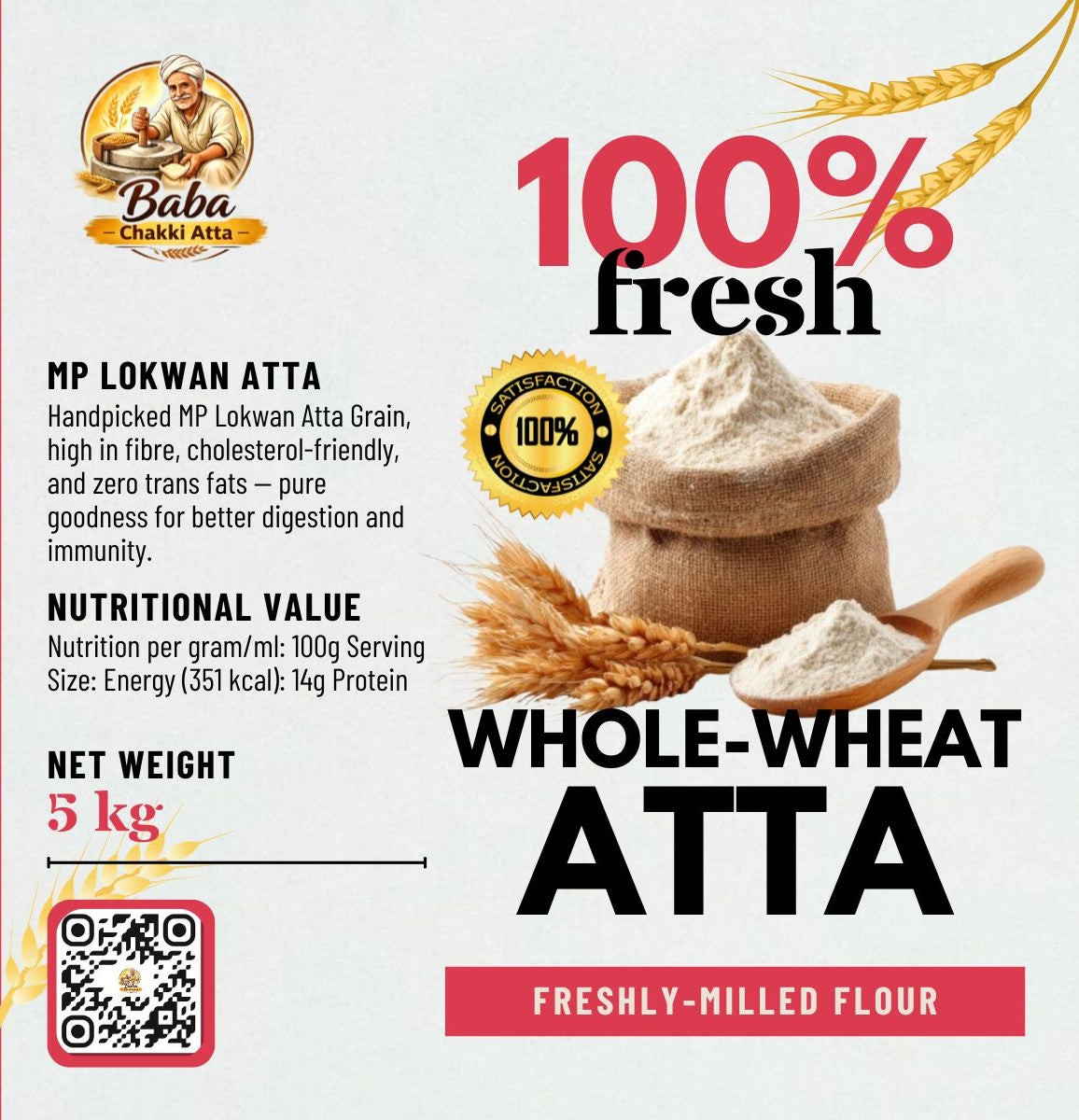 Advertisement for Baba Chakki Atta whole-wheat atta with product details and branding.