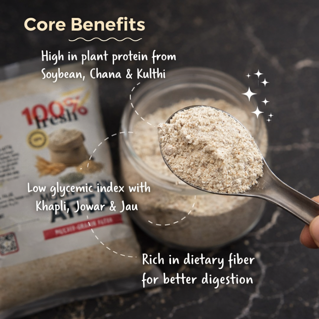 Spoonful of a powdered food product with packaging in the background, highlighting core benefits.