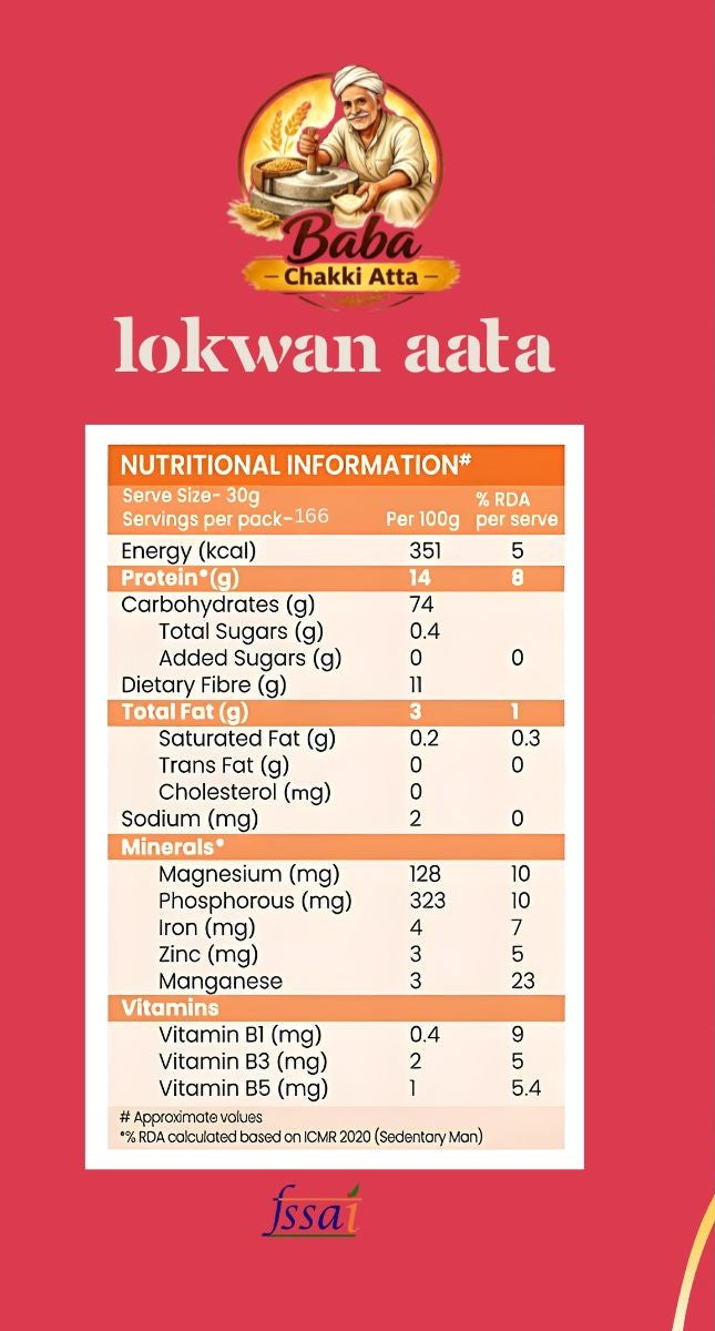 Nutritional information label for Baba Chakki Atta on a red background