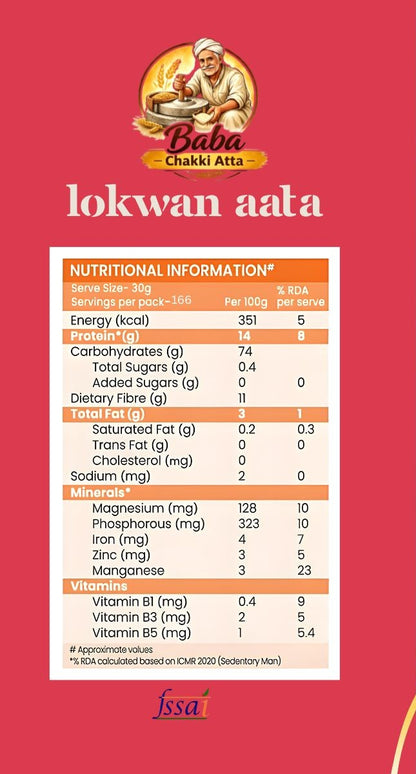 Nutritional information label for Baba Chakki Atta on a red background
