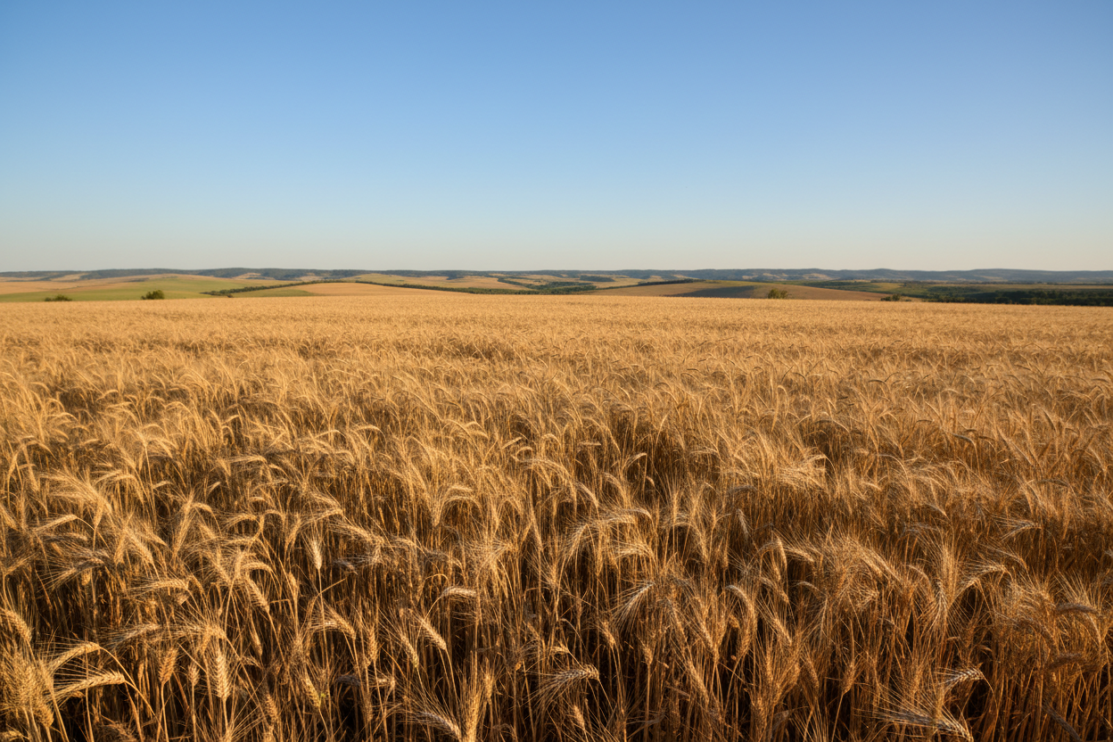 Wheat field under a clear blue sky