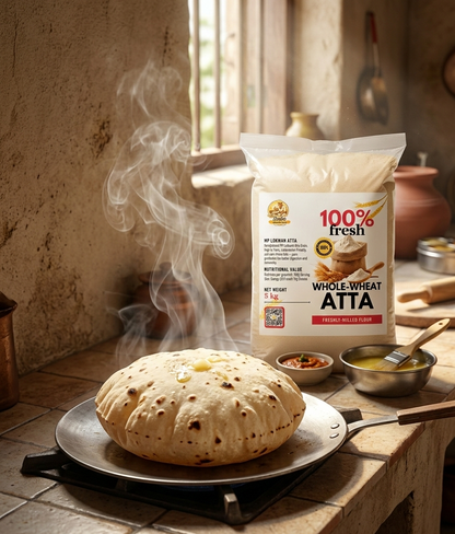 Loaf of bread on a pan with a bag of whole-wheat atta in the background
