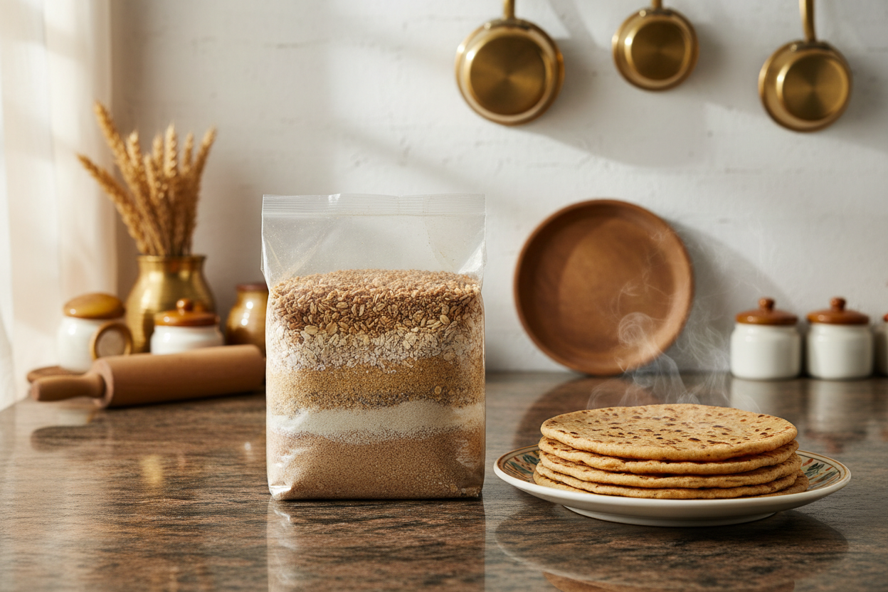 Packaged mix on a kitchen counter with cookies and kitchen utensils in the background