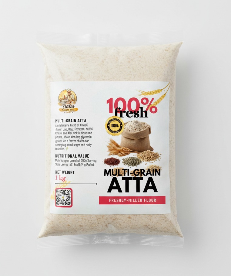 Bag of multi-grain atta with a label on a white background