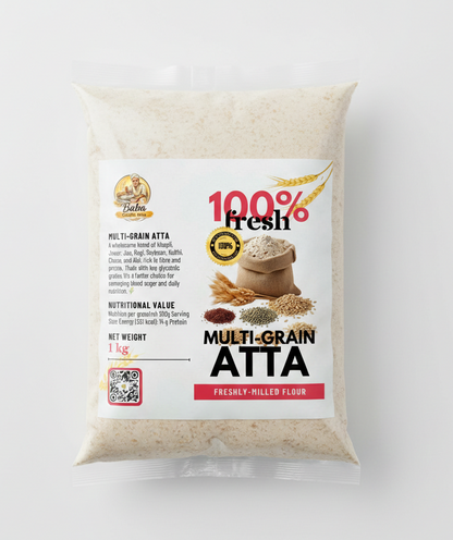 Bag of multi-grain atta with a label on a white background