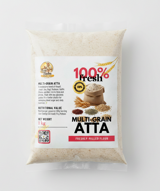 Bag of multi-grain atta with a label on a white background