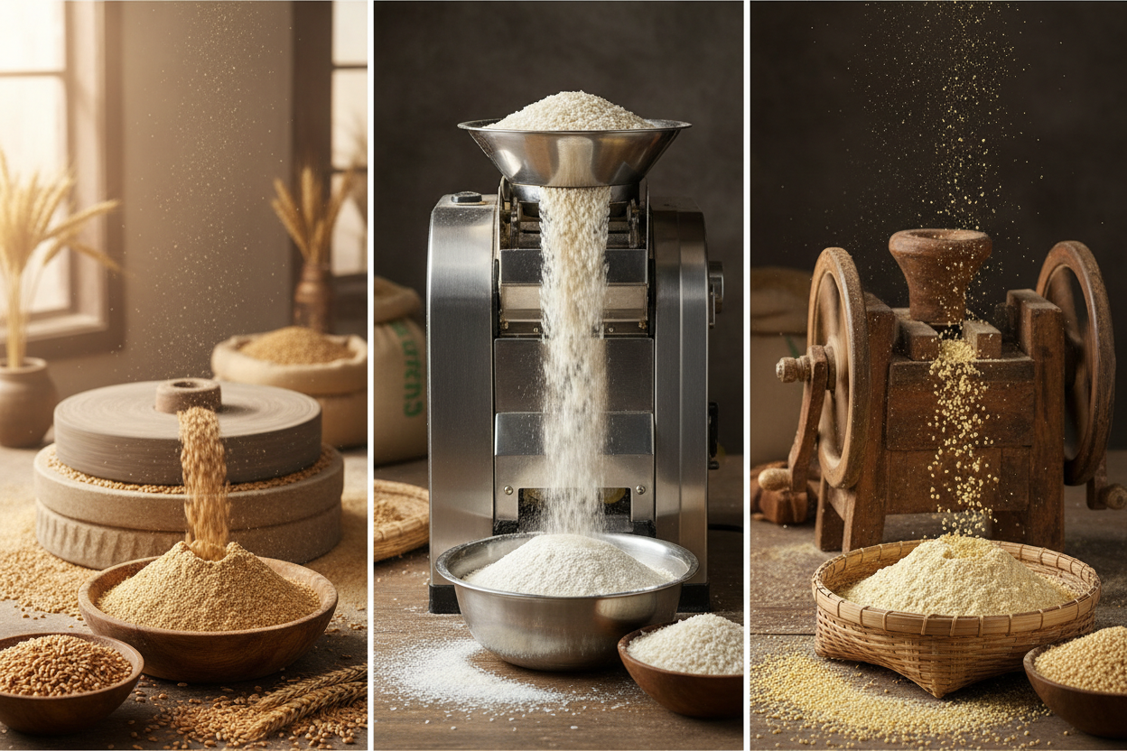 Three images showing different methods of grain processing: traditional stone mill, modern grinder, and rustic wooden grinder.